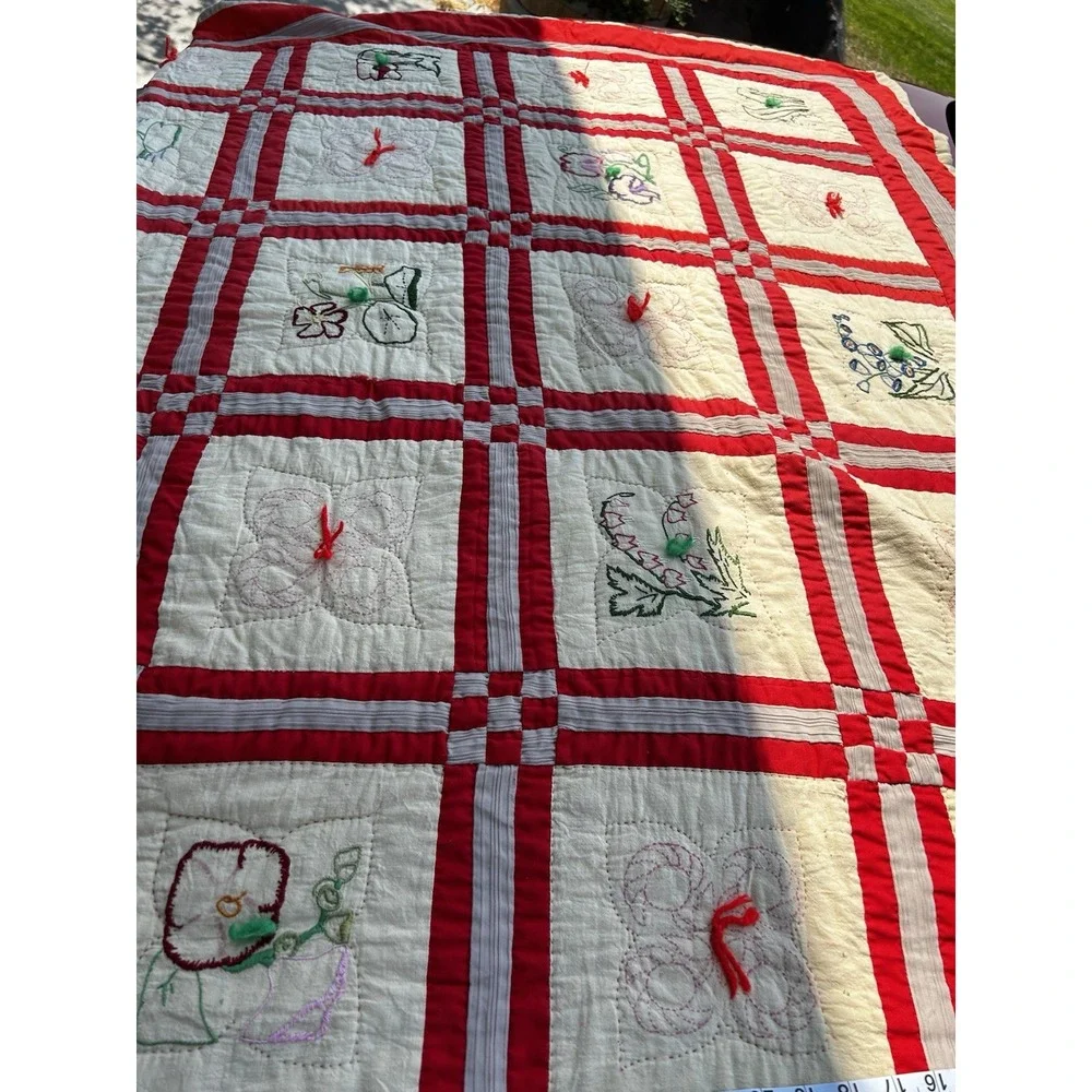Redwork Quilt Hand Embroidered Botanical Flower Blocks Red White 60